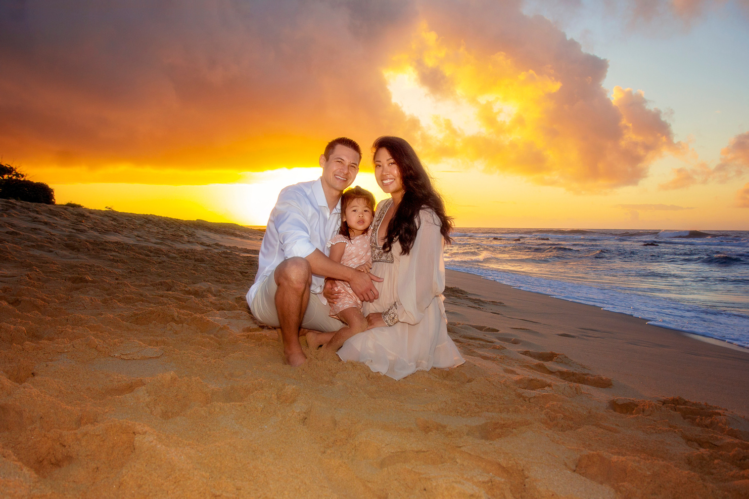 Headshots, Maternity, Child & Family Photography -  Oahu, Hawaii - Happy Family with child on a beach at sunrise